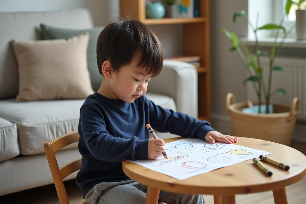 Petit garçon de 2 à 3 ans concentré sur un coloriage imprimé à imprimer gratuit pour activité calme du soir en petite section