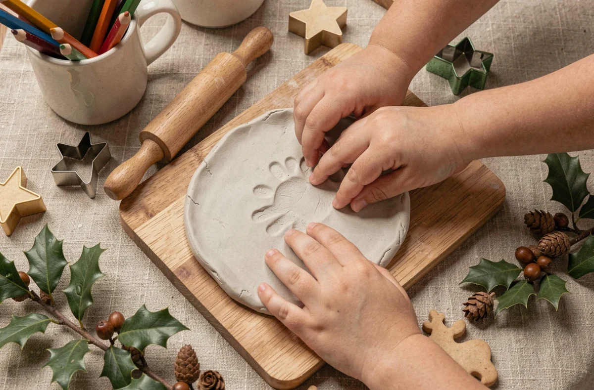 Gros plan des mains d'un enfant façonnant une empreinte en argile pour une décoration de Noël artisanale, entouré d'outils de bricolage festifs
