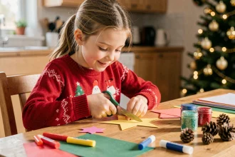 Petite fille de 7 ans faisant une activité manuelle de Noël en famille à la table de cuisine, découpant des étoiles en papier entourée de matériaux créatifs