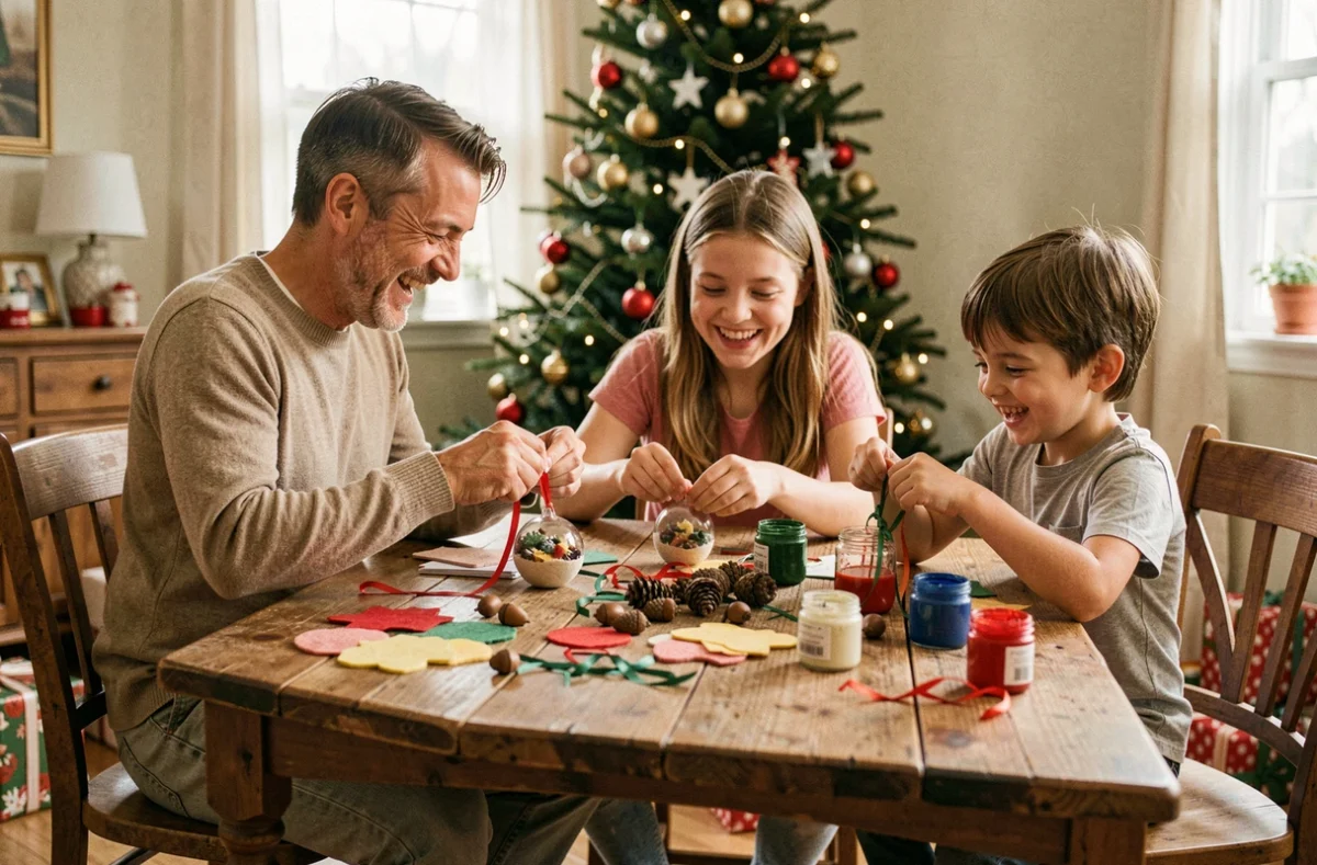 Père et ses deux enfants de 6 et 8 ans qui fabriquent ensemble des décorations de Noël artisanales dans le salon familial