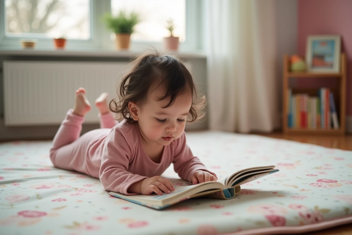 Bébé fille de 12 mois allongée sur un tapis d'éveil, feuilletant un livre sensoriel en tissu dans une chambre apaisante