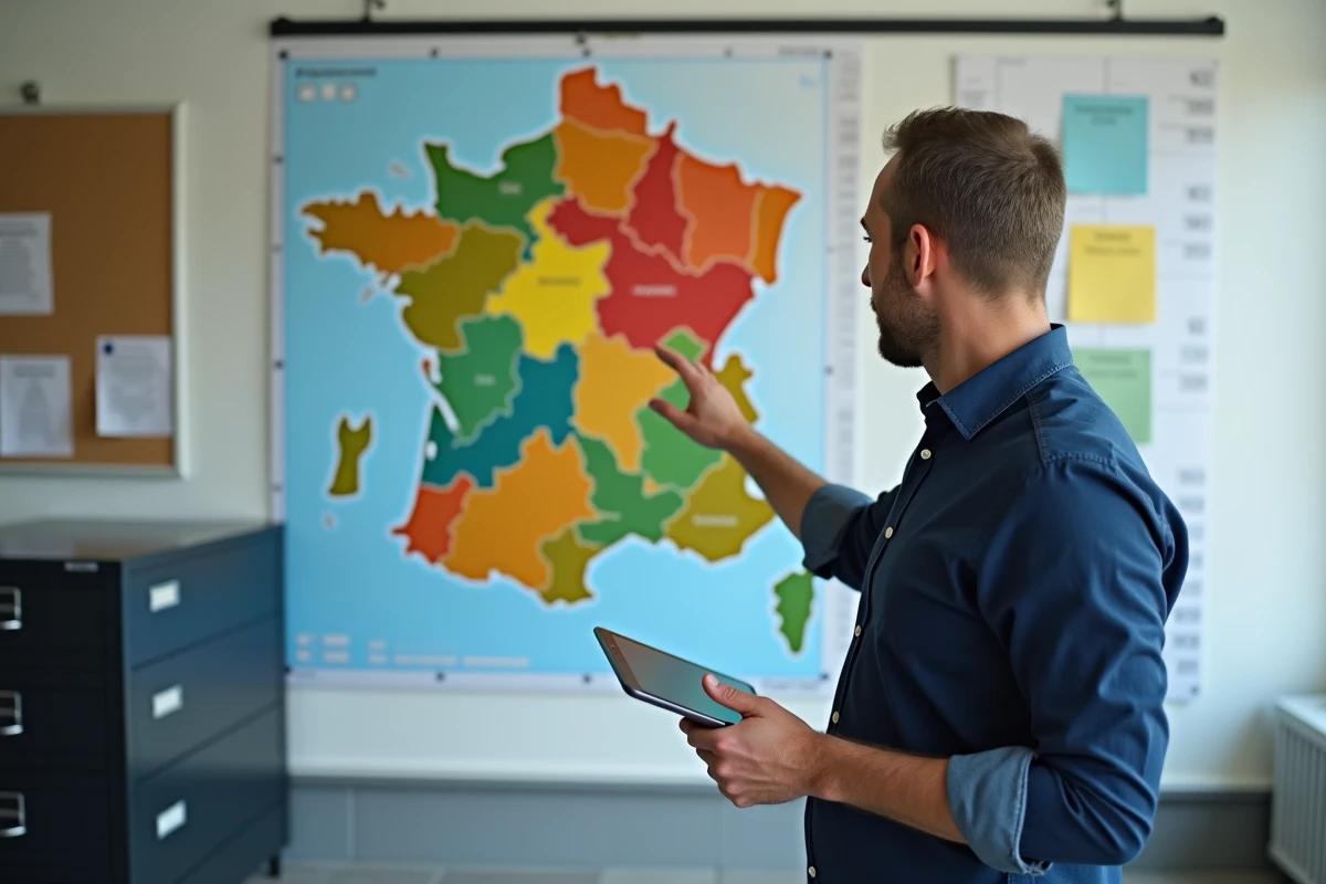 Administrateur scolaire montrant une carte des académies françaises avec zones colorées sur un mur