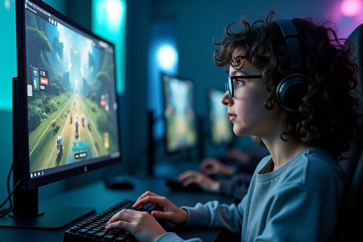 Adolescente avec des lunettes jouant à un jeu de stratégie sur grand écran gaming dans une salle esport à Paris