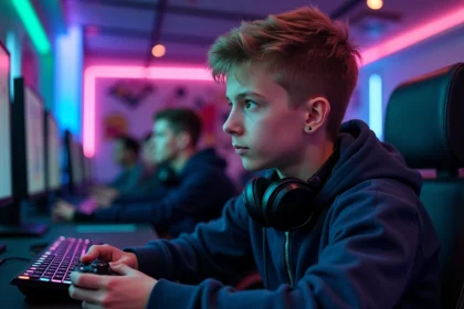 Adolescent concentré tenant une manette de jeu vidéo dans un espace gaming moderne à Paris avec des éclairages RGB
