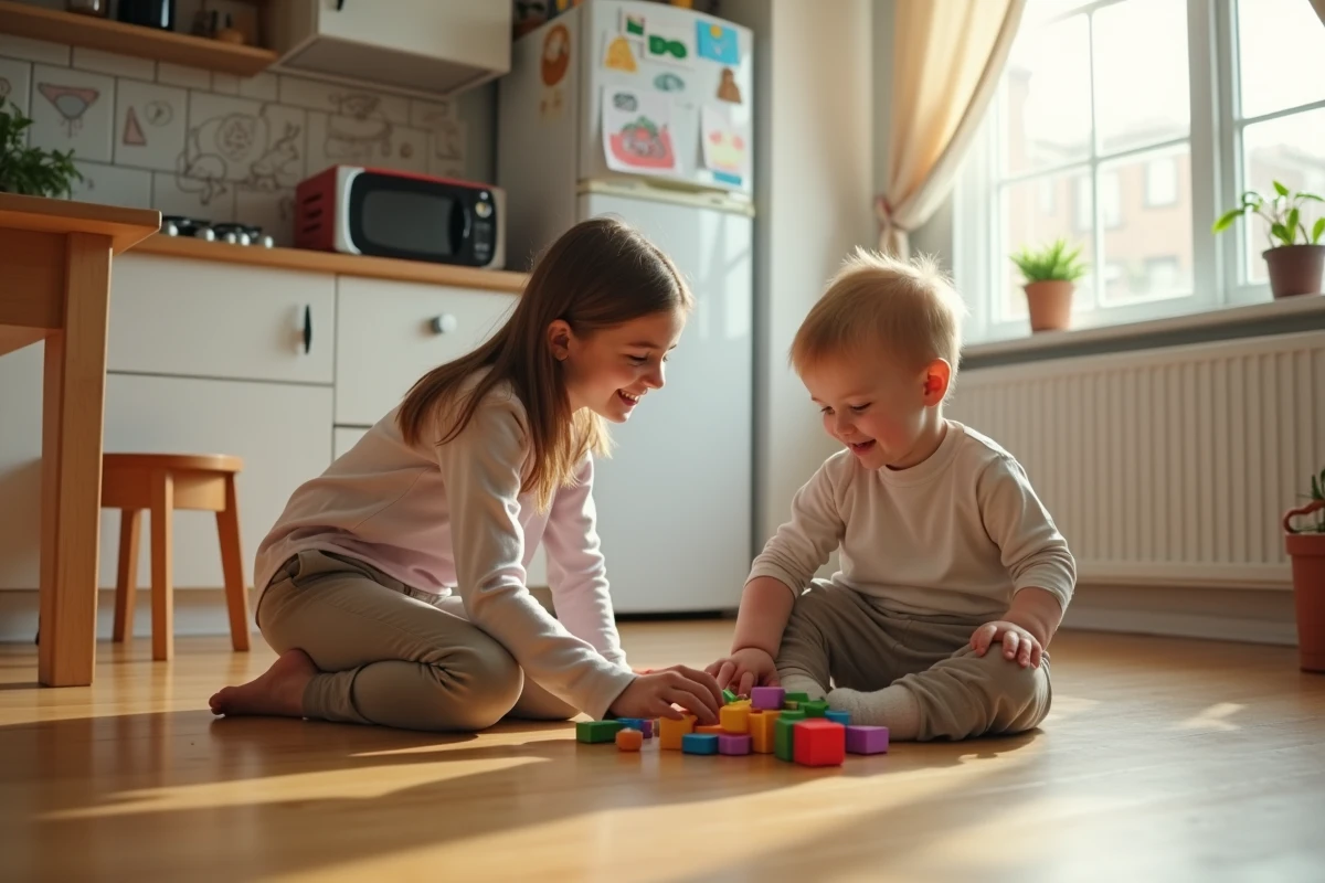Adolescente surveillant un garçon jouant avec des blocs dans la cuisine