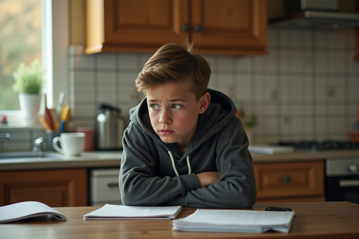 Adolescent inquiet assis à la table de cuisine