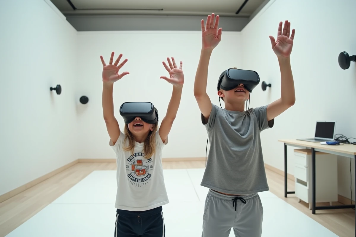 Deux adolescents portant des casques de réalité virtuelle dans un centre VR parisien, bras tendus en pleine expérience immersive