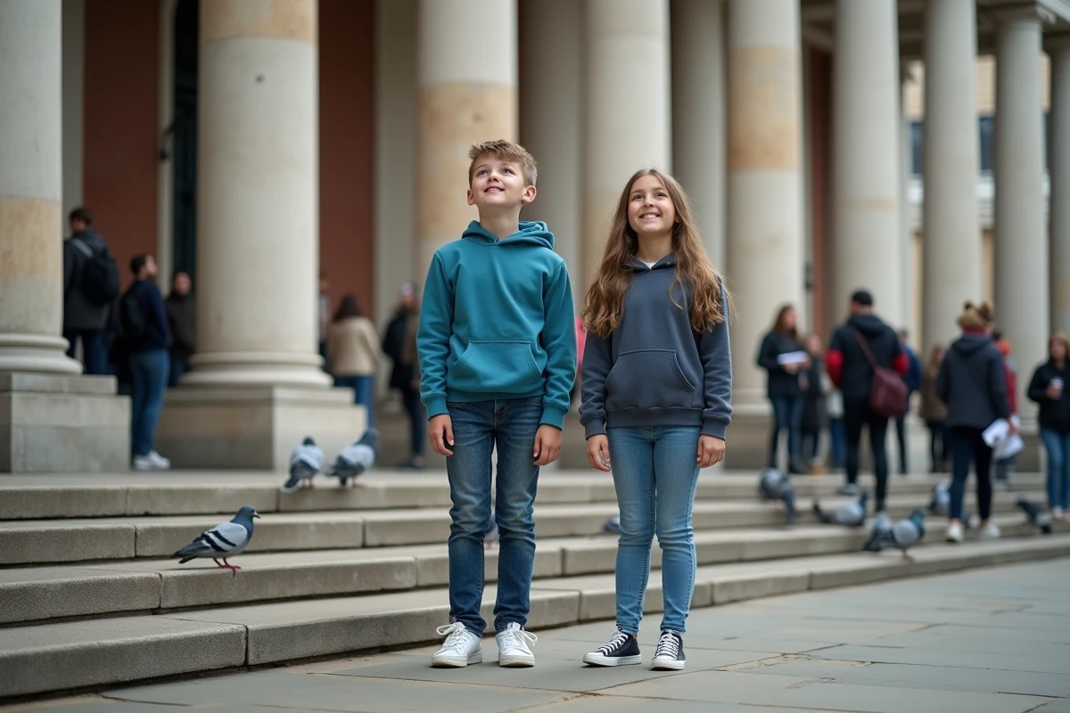 Deux adolescents en vacances scolaires devant l'entrée du British Museum à Londres