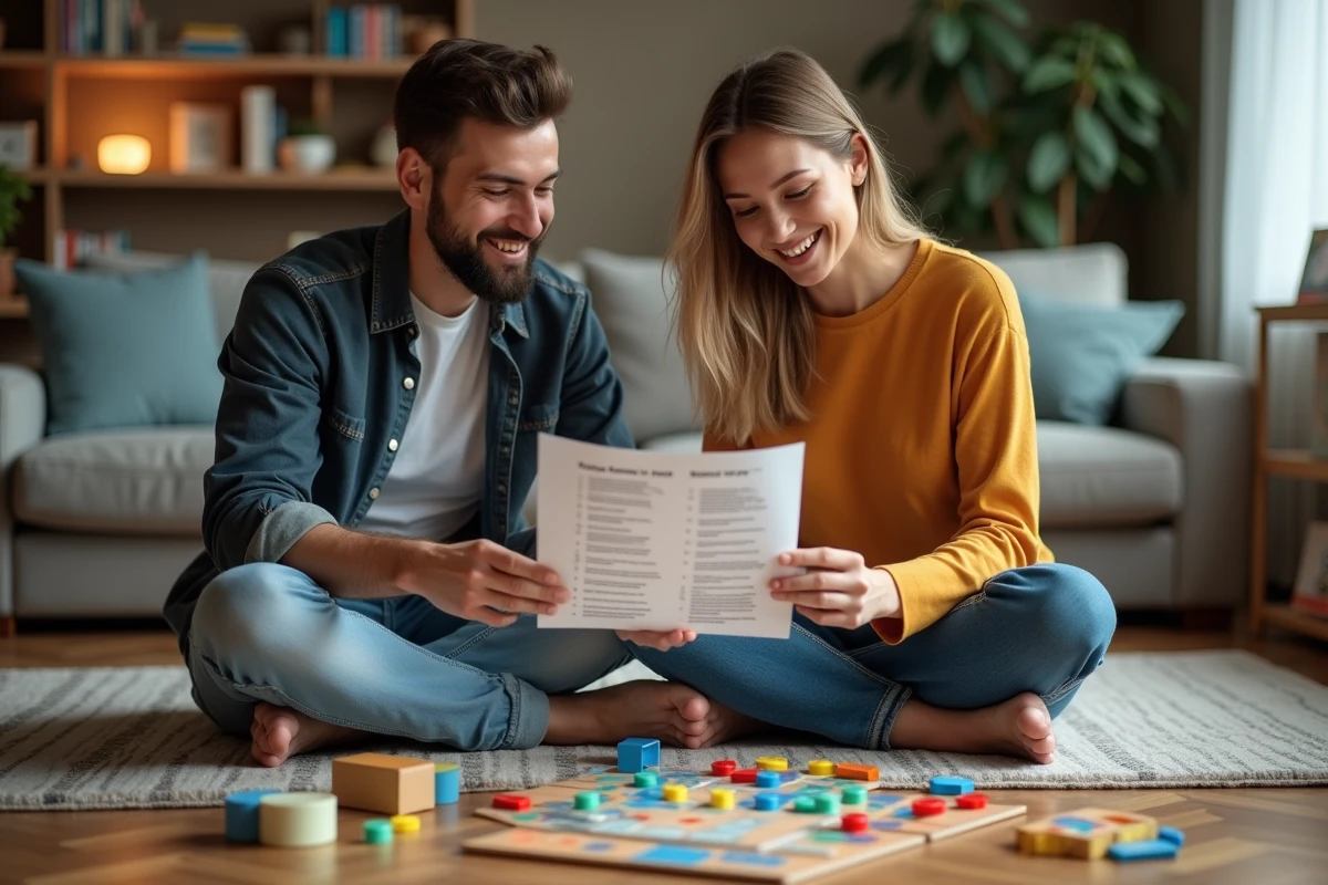 Deux adultes relisant les règles simplifiées de la Bonne Paye assis sur le parquet avant une soirée jeu