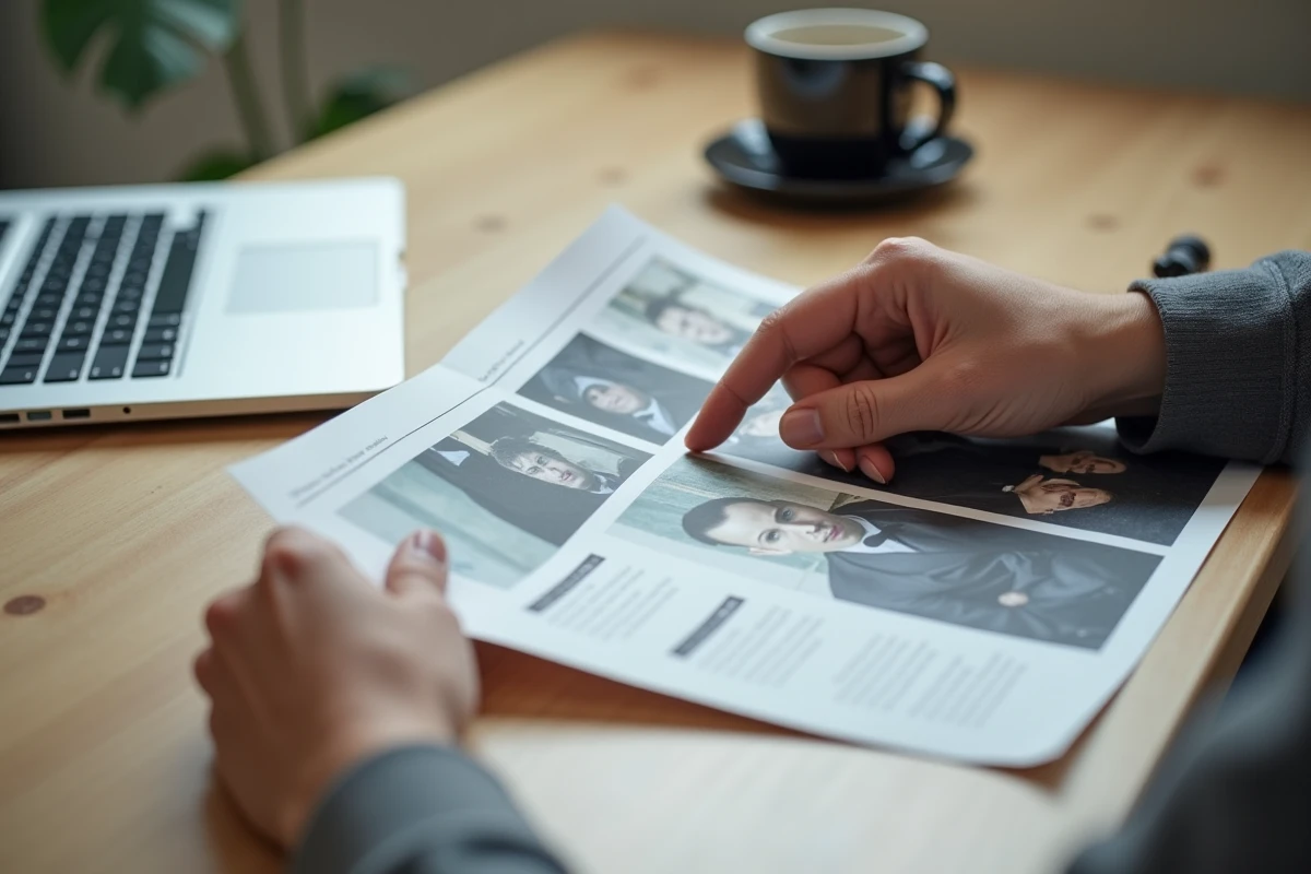 Mains tenant une photographie imprimée sur une table, illustrant la vérification et l'analyse d'une image douteuse circulant en ligne
