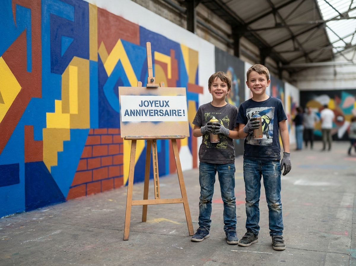 Deux enfants peignant un graffiti lors d'un atelier anniversaire original à Paris