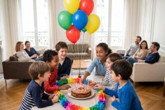 Groupe d’enfants réunis autour d’un gâteau pour un anniversaire à Paris