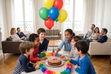 Groupe d’enfants réunis autour d’un gâteau pour un anniversaire à Paris