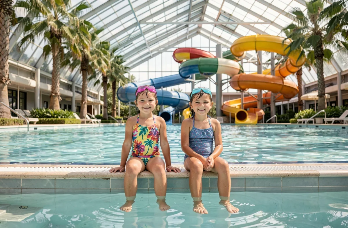Deux enfants en maillot de bain au bord de la piscine tropicale intérieure d'Aquaboulevard, parc aquatique indoor à Paris