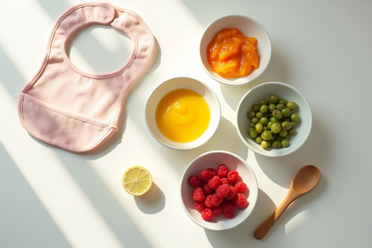 Assortiment coloré de purées dans des petits bols pour bébé