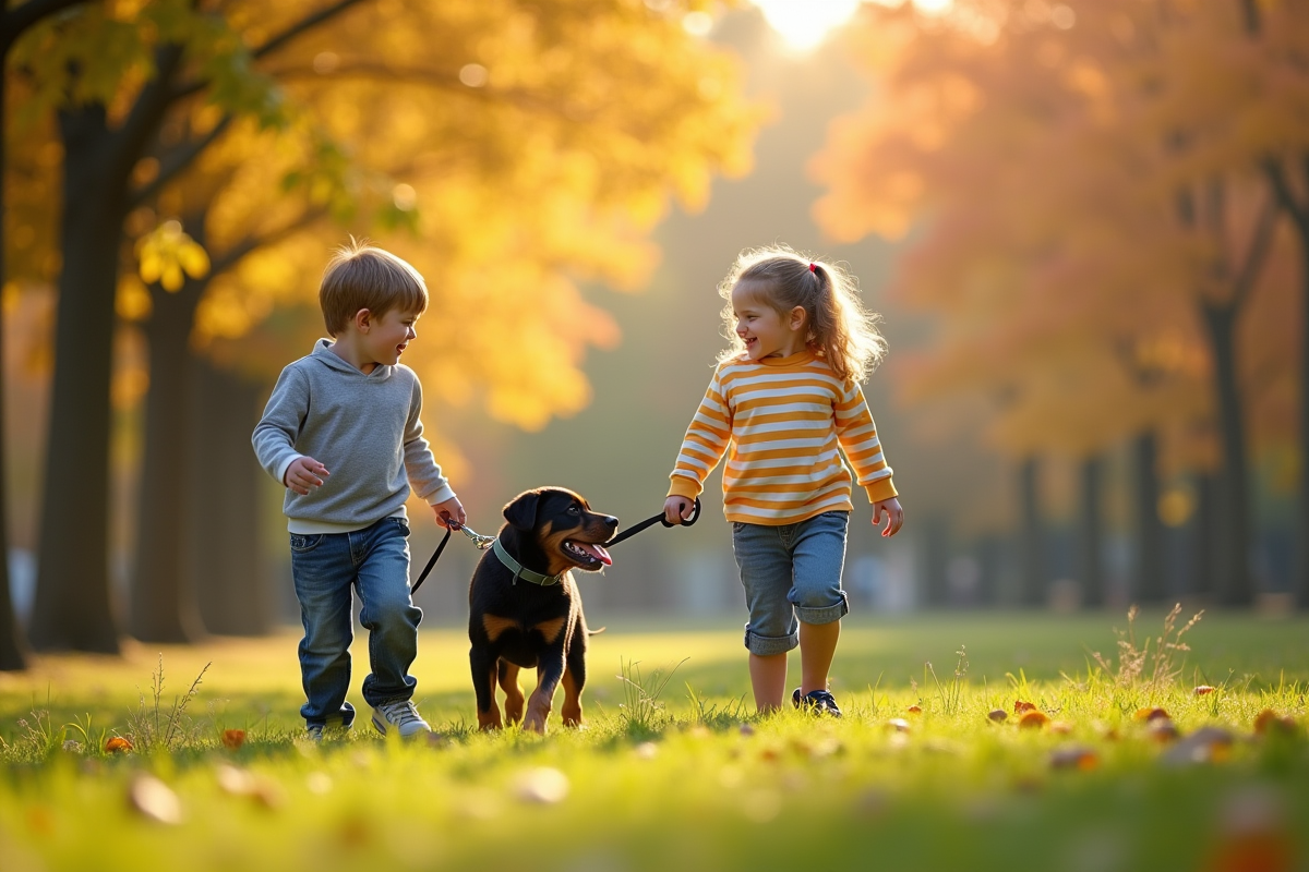 Famille avec chiot rottweiler lors d