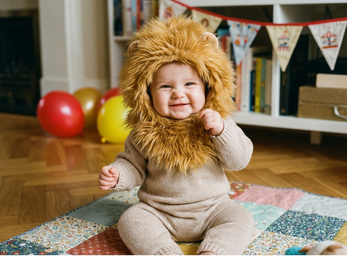 Bébé fille déguisée en lion avec crinière en peluche