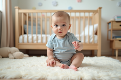 Bébé garçon de 6 mois en body bleu dans un tapis douillet