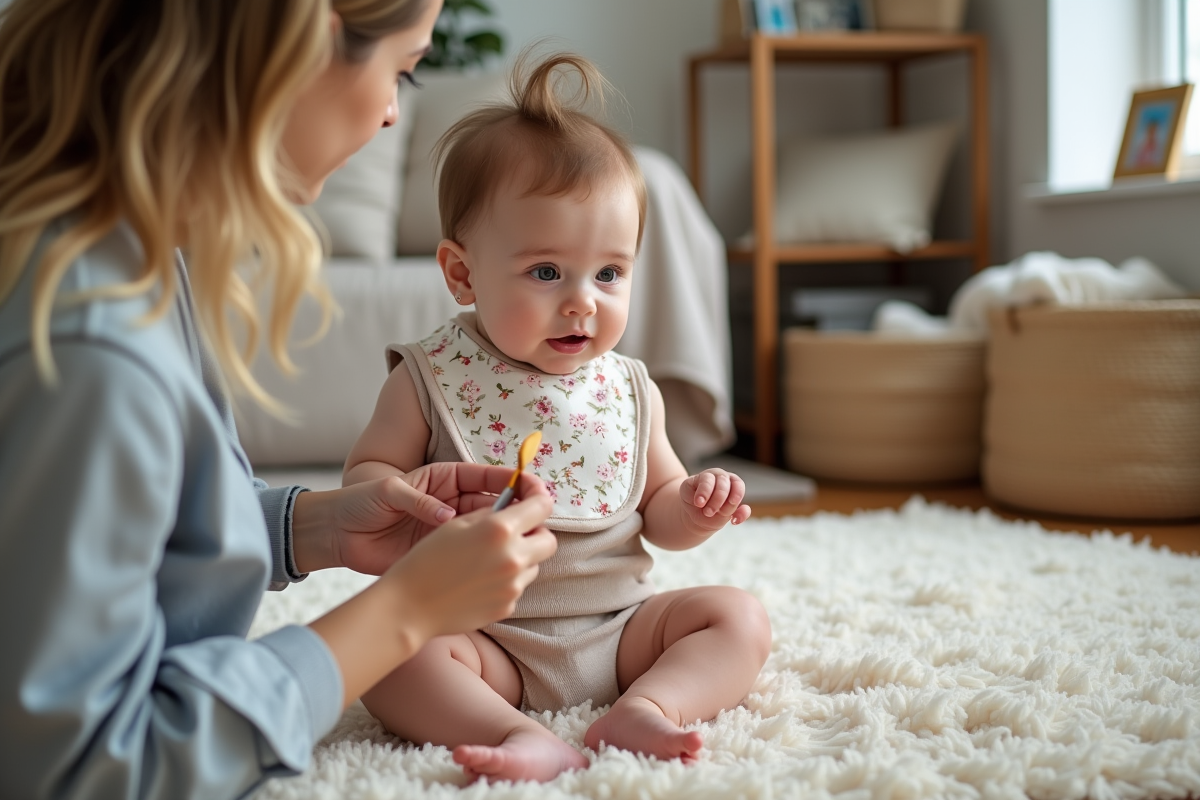 Bébé fille assise sur un tapis dans un salon cosy avec sa famille