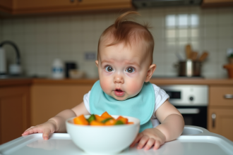 Bebe fille assise en chaise haute mangeant des légumes