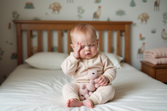 Bebe fille endormie en pyjamas pastel dans un lit