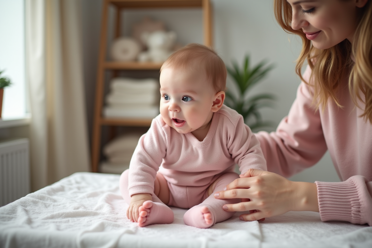 Bébé fille de 4 mois sur la table de change avec sa mère
