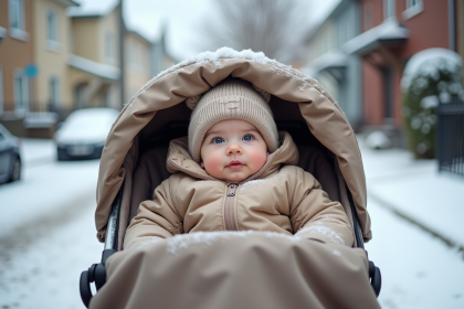 Bébé de six mois dans une poussette sous la neige