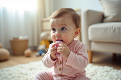 Bebe fille de 7 mois mordillant un anneau en silicone