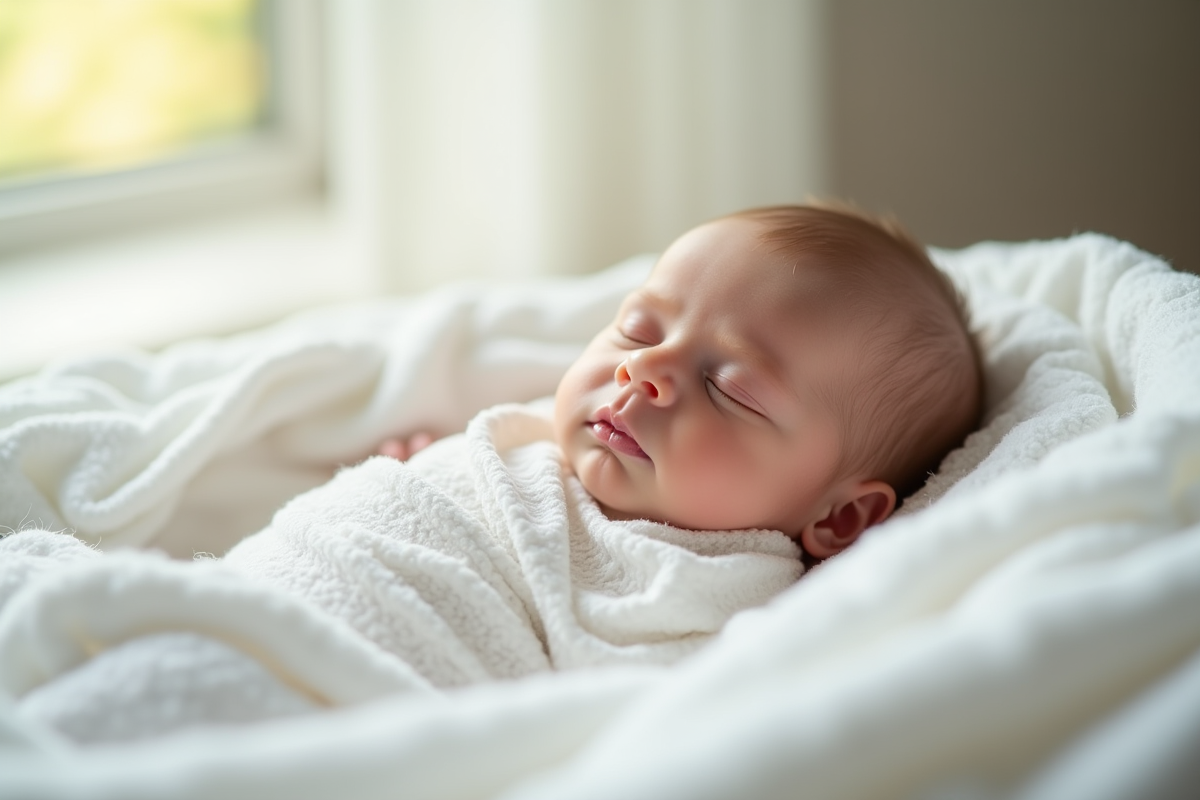 Bébé neuf dormant paisiblement dans une couverture blanche