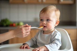 Bébé de quatre mois dans une chaise haute en cuisine chaleureuse