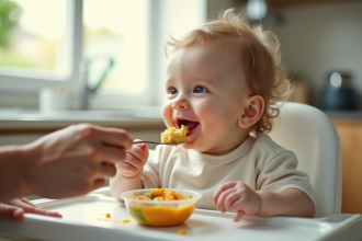 Bébé souriant dans une chaise haute essayant des légumes mixés