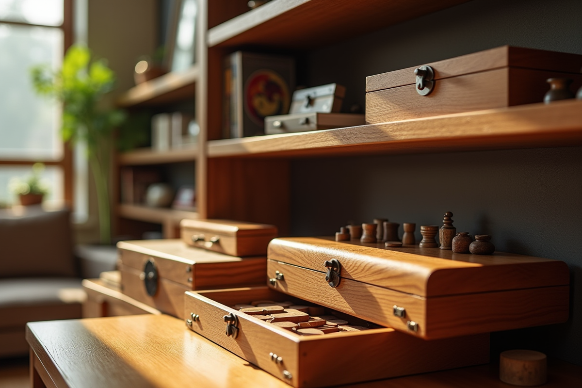 Boîtes et pièces de Monopoly en bois sur des étagères lumineuses