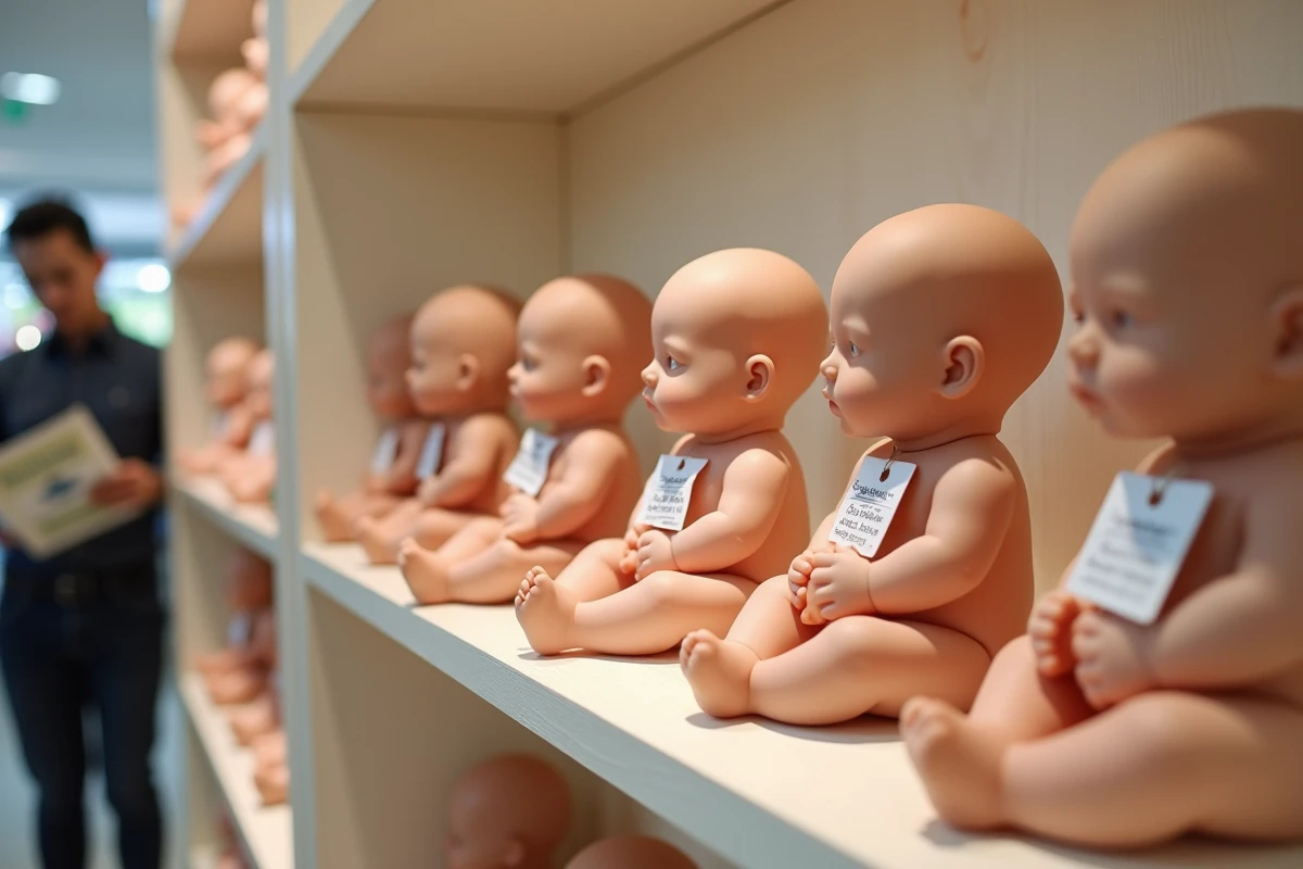 Étalage de bébés rebornes en silicone avec étiquettes de prix dans une boutique spécialisée