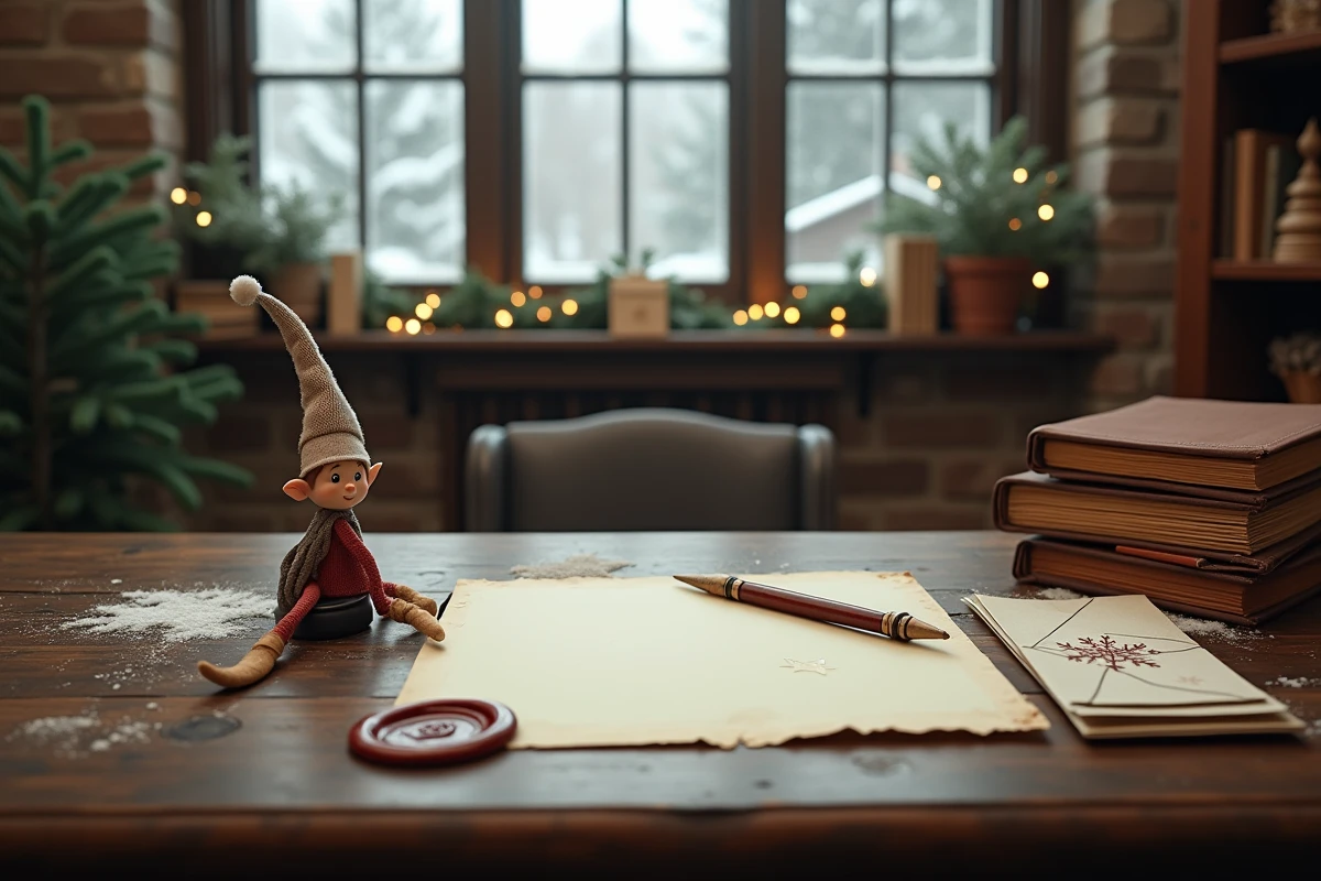 Bureau en bois avec lettre de lutin en cours d'écriture, plume, cire à cacheter et petites chaussures de lutin près d'une fenêtre hivernale