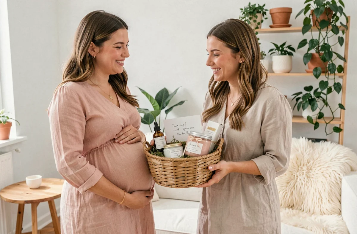 Deux amies dont une femme enceinte recevant un coffret cadeau post-partum rempli de produits de soin dans un salon scandinave cosy