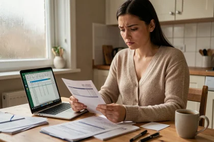 Nounou examinant attentivement des fiches de paie et des documents de calcul de salaire sur une table en bois à la maison