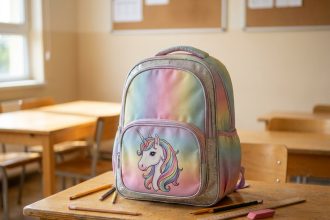 Cartable licorne avec paillettes argentées et motifs arc-en-ciel pastel posé sur un bureau en bois entouré de fournitures scolaires