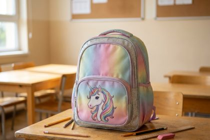 Cartable licorne avec paillettes argentées et motifs arc-en-ciel pastel posé sur un bureau en bois entouré de fournitures scolaires