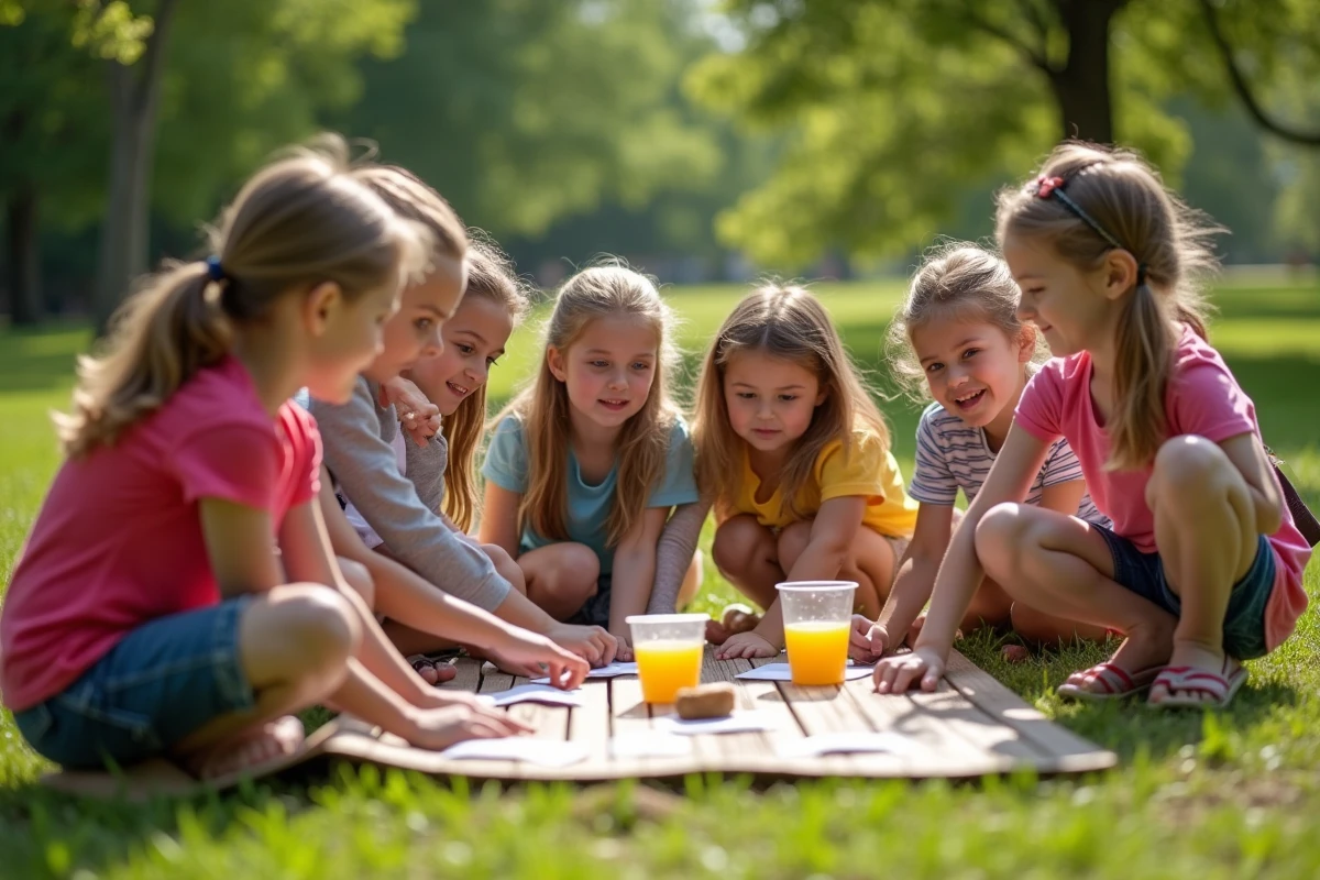 Enfants participant à une chasse au trésor en plein air dans un parc lors d'un anniversaire