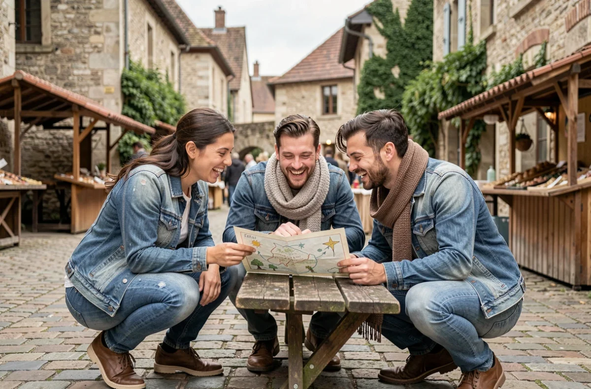 Amis consultant une carte lors d'une chasse au trésor dans un village médiéval de Seine-et-Marne