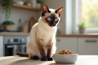 Chat siamois attentif près de sa nourriture dans la cuisine