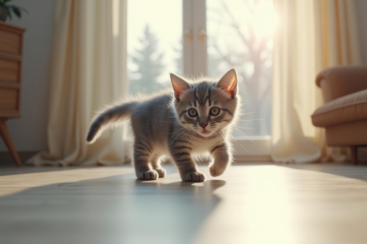 Chaton gris explorant une maison lumineuse vue à sa hauteur