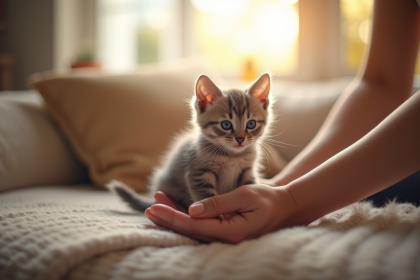 Petit chaton gris sur un canapé ensoleille dans un salon chaleureux