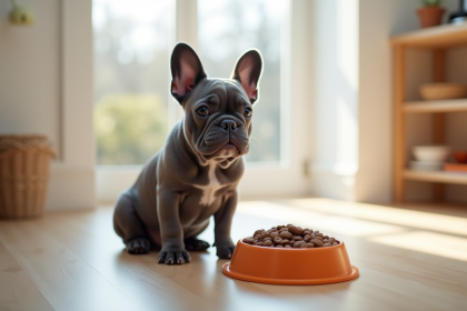 Bulldog francais bleu dans une cuisine lumineuse