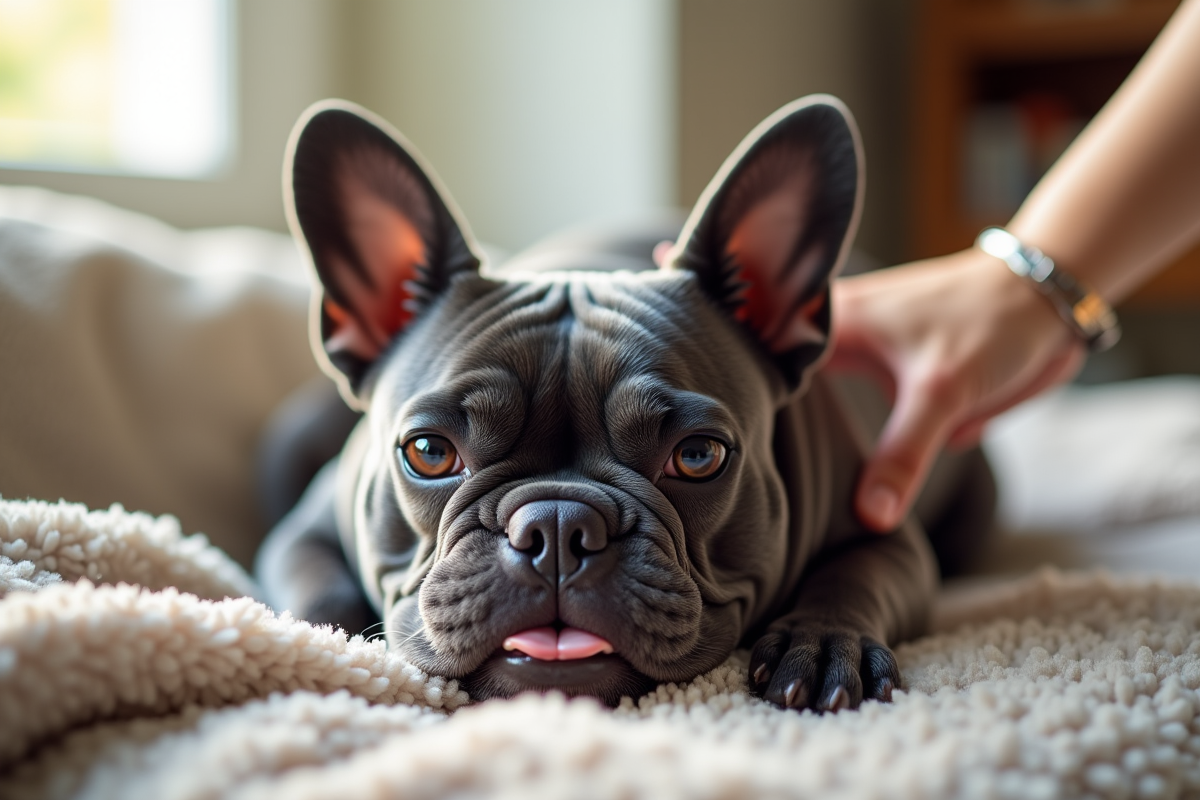 Bulldog francais bleu reposant sur un plaid chaud