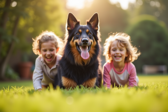 Chien de berger belge heureux jouant avec deux enfants en plein air