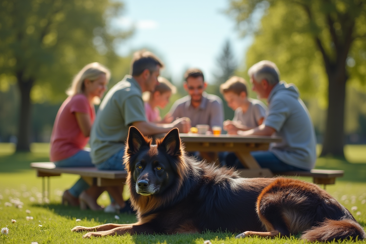 Chien de berger belge reposant avec une famille au parc ensoleille
