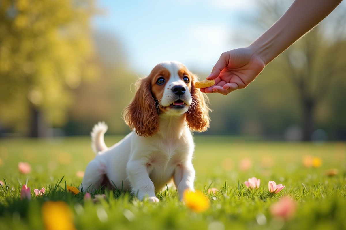 Chiot cocker recevant une friandise dans un parc ensoleille