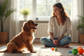 Chiot cocker spaniel apprenant à s'asseoir avec une jeune femme