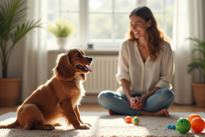 Chiot cocker spaniel apprenant à s'asseoir avec une jeune femme